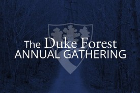 The Duke Forest Annual Gathering white text and shield logo